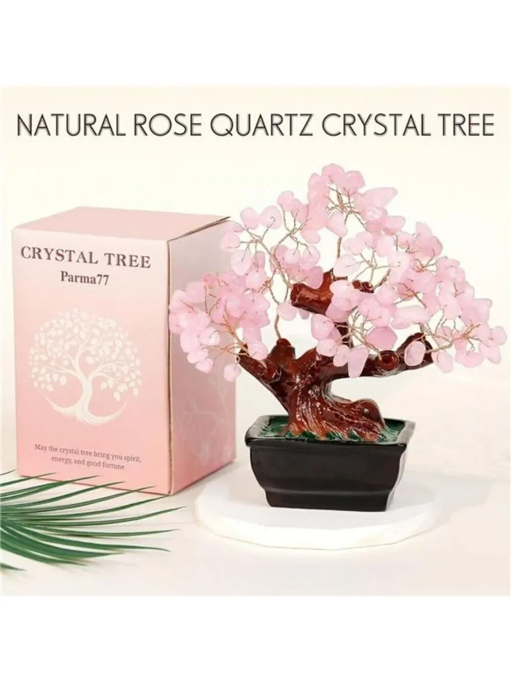 Rose quartz crystal money tree feng shui bonsai healing stone home office decor
